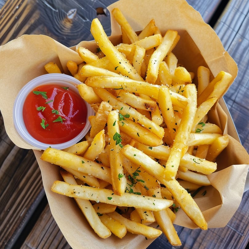 Golden french fries seasoned with herbs and pepper, served with a side of ketchup in a paper container.